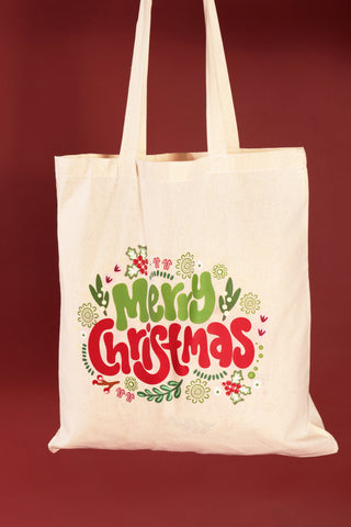 Merry Christmas Natural Long Handle Cotton Tote Bag