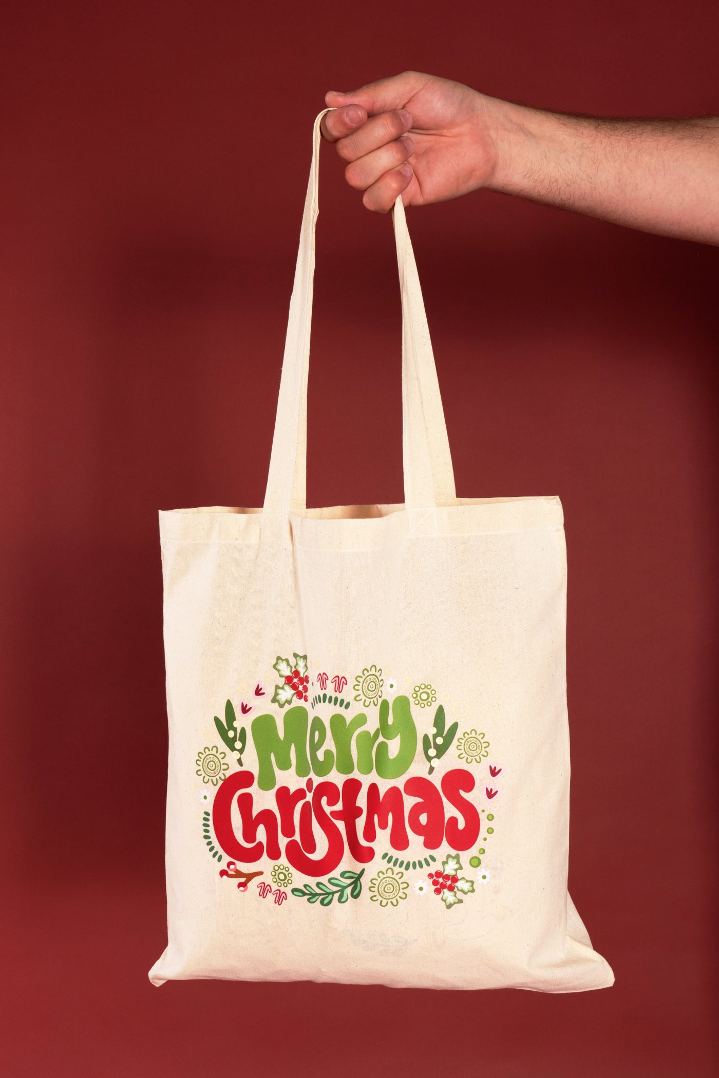 Merry Christmas Natural Long Handle Cotton Tote Bag