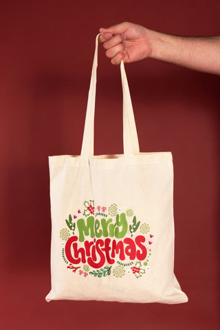 Merry Christmas Natural Long Handle Cotton Tote Bag