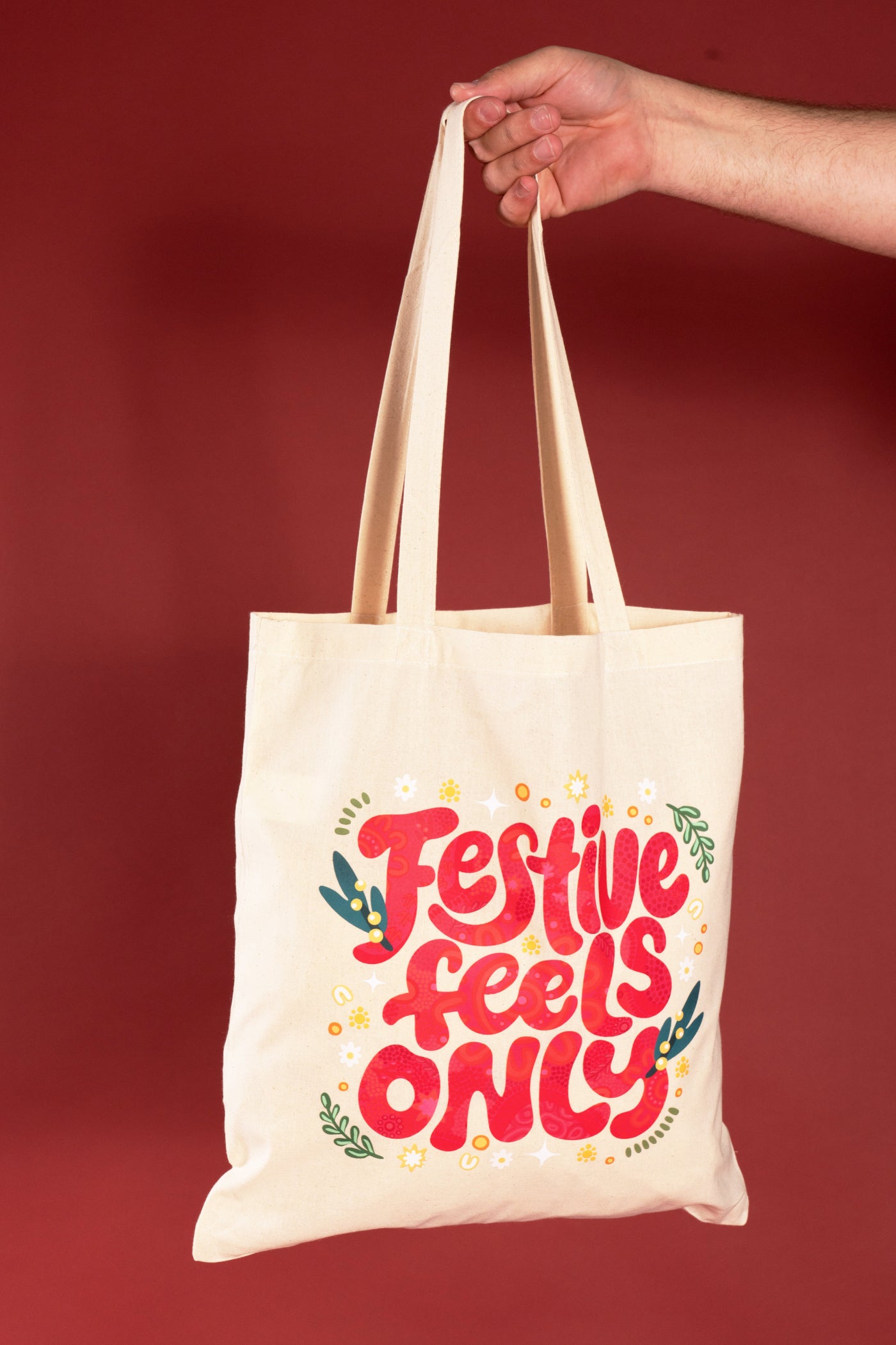 Festive Feels Only Natural Long Handle Cotton Tote Bag