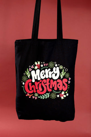 Merry Christmas Black Long Handle Cotton Tote Bag