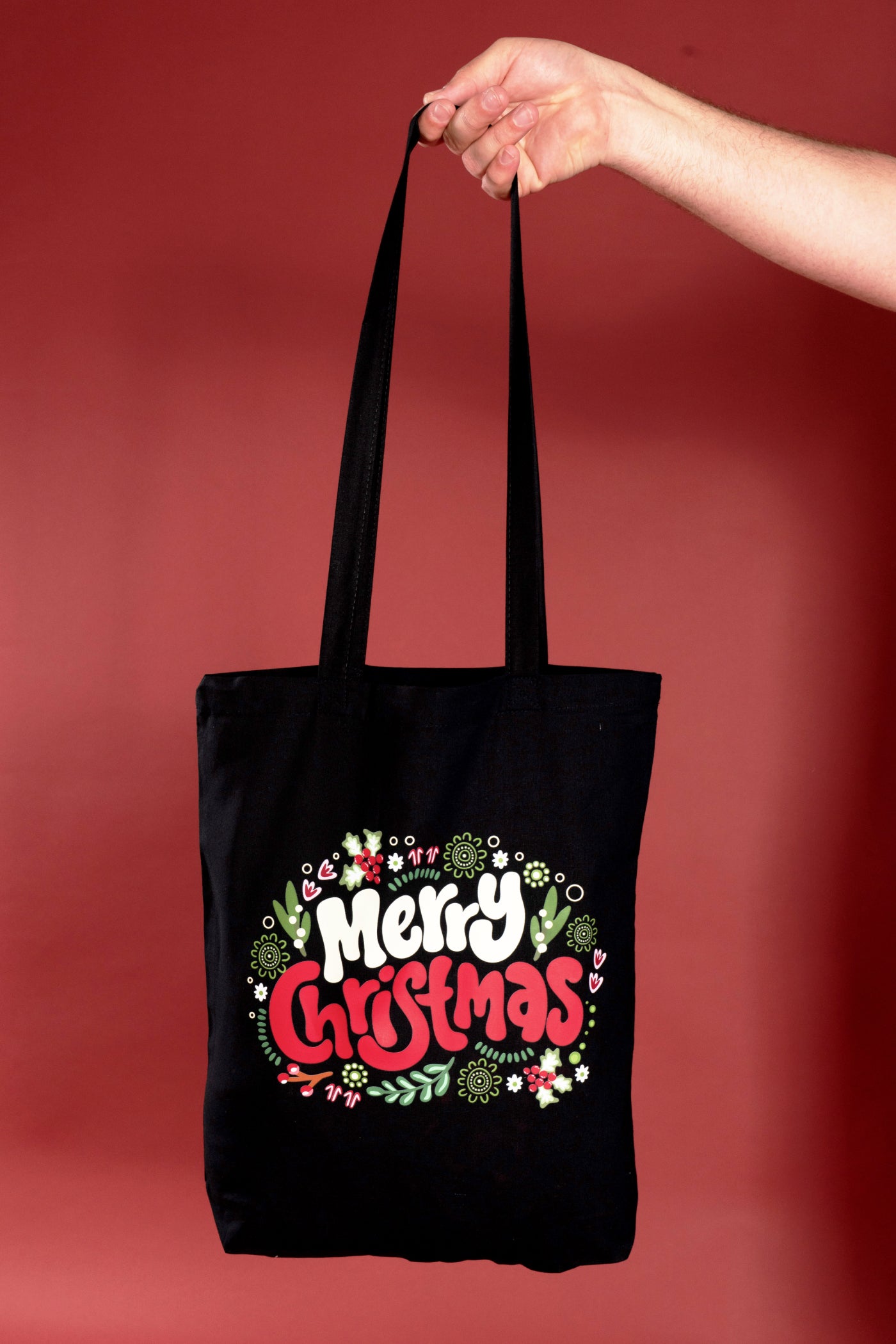 Merry Christmas Black Long Handle Cotton Tote Bag
