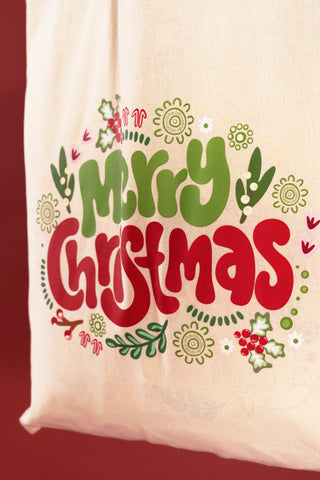 Merry Christmas Natural Long Handle Cotton Tote Bag