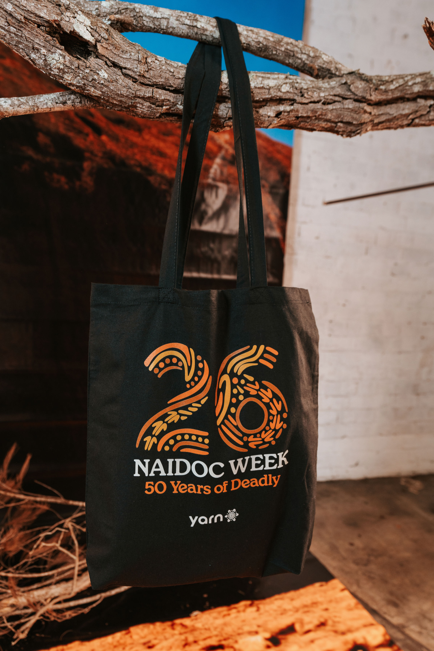 Standing Strong Bold NAIDOC 2026 Black Long Handle Cotton Tote Bag