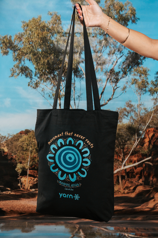Movement That Never Rests NAIDOC Week 2026 Tote Bag Black Long Handle Cotton Tote Bag
