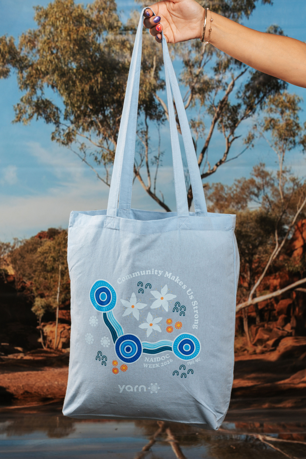 Community Makes Us Strong NAIDOC Week 2026 Tote Bag Sky Blue Long Handle Cotton Tote Bag