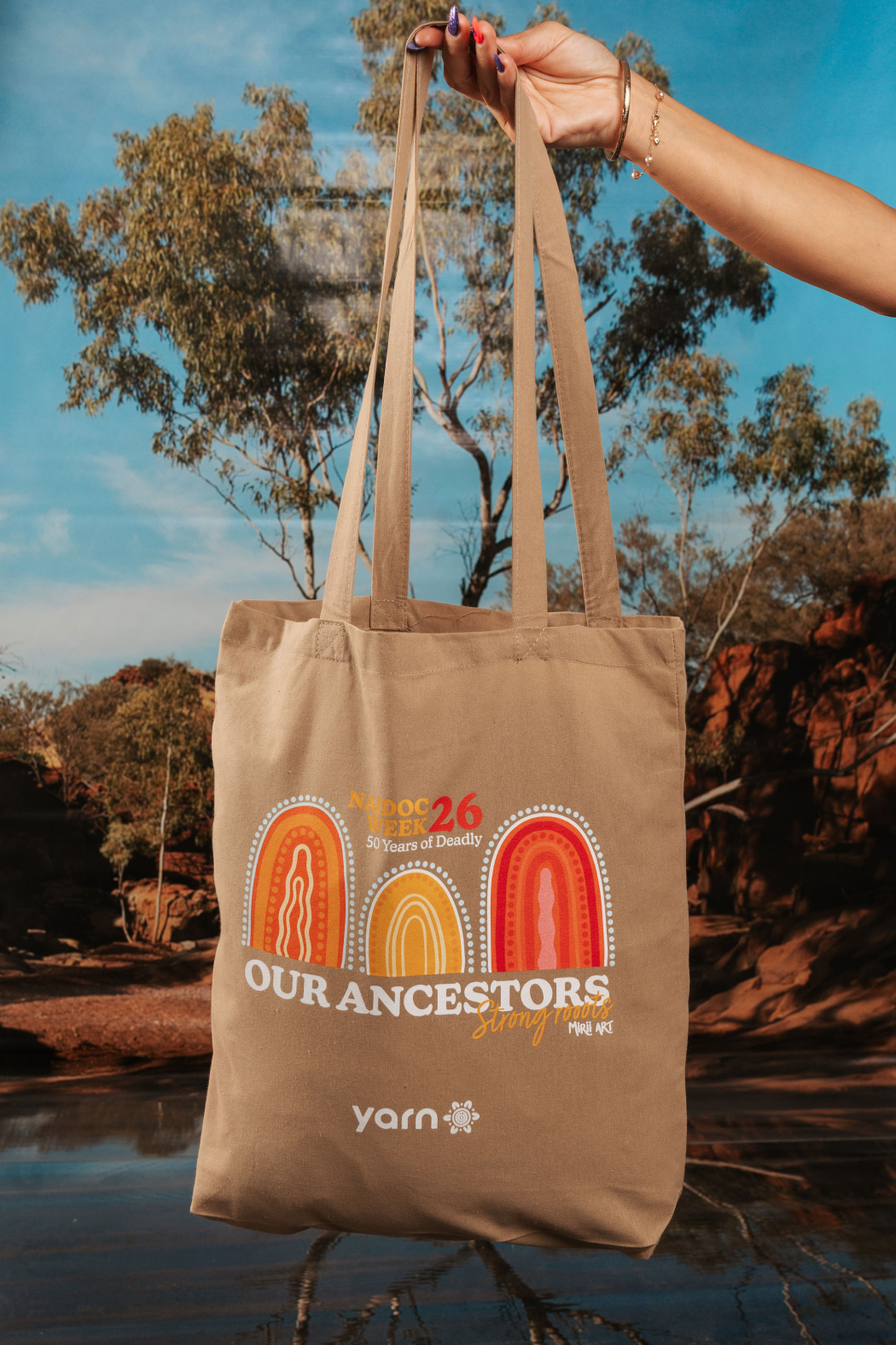 Our Ancestors NAIDOC Week 2026 Tote Bag Sand Long Handle Cotton Tote Bag
