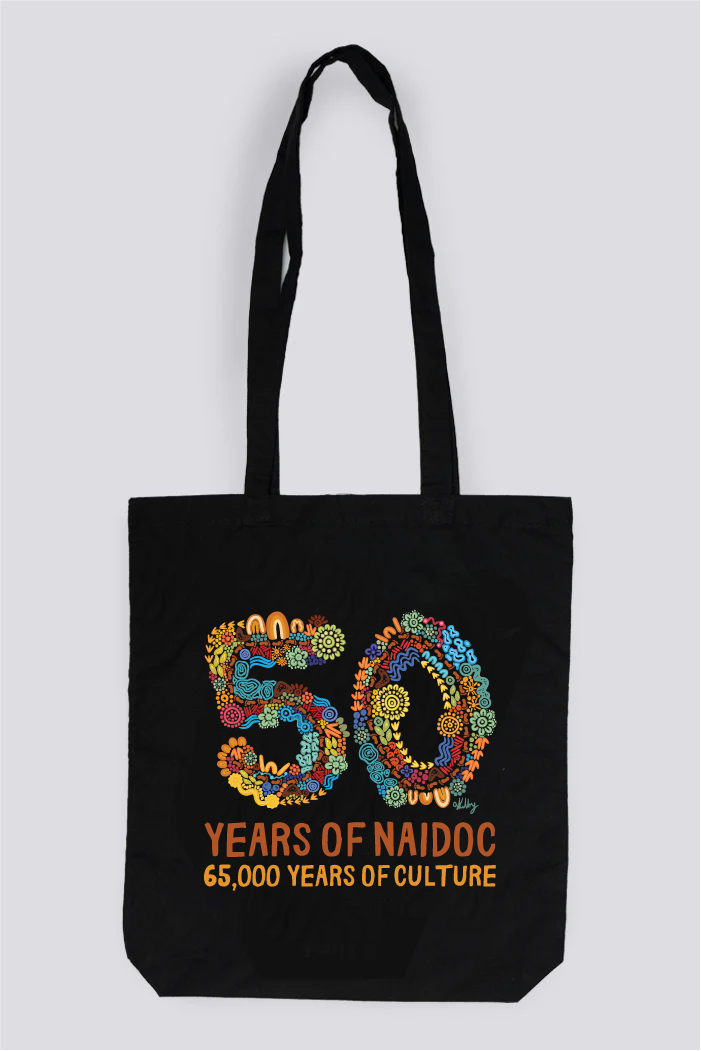 50 Years Of NAIDOC 2025 Black Long Handle Cotton Tote Bag