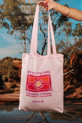 We Are Still Here NAIDOC Week 2026 Tote Bag Pink Long Handle Cotton Tote Bag