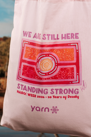 We Are Still Here NAIDOC Week 2026 Tote Bag Pink Long Handle Cotton Tote Bag