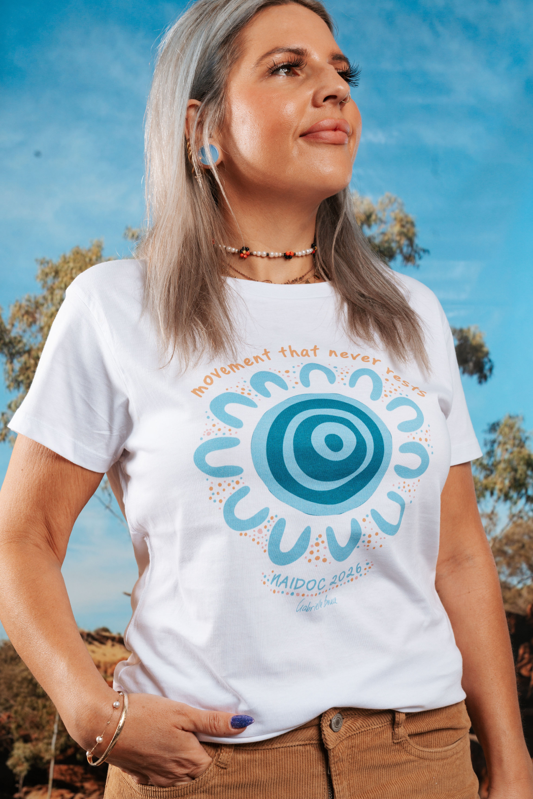 Movement That Never Rests NAIDOC Week 2026 White Cotton Everyday Women