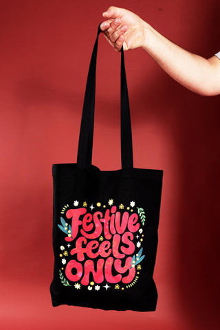 Festive Feels Only Black Long Handle Cotton Tote Bag
