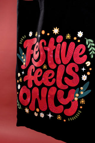 Festive Feels Only Black Long Handle Cotton Tote Bag