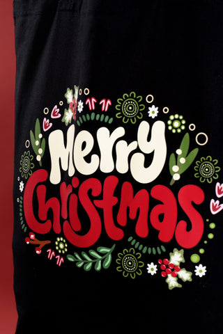 Merry Christmas Black Long Handle Cotton Tote Bag