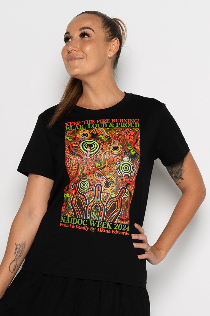 (Bulk Order) Proud & Deadly NAIDOC 2024 Black Cotton Crew Neck Women’s T-Shirt