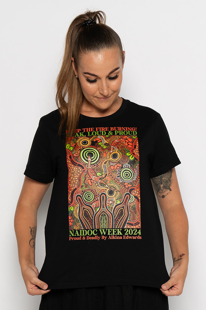 (Bulk Order) Proud & Deadly NAIDOC 2024 Black Cotton Crew Neck Women’s T-Shirt