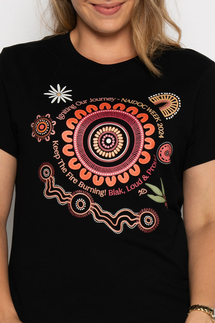 (Bulk Order) Igniting Our Journey NAIDOC 2024 Black Cotton Crew Neck Women’s T-Shirt