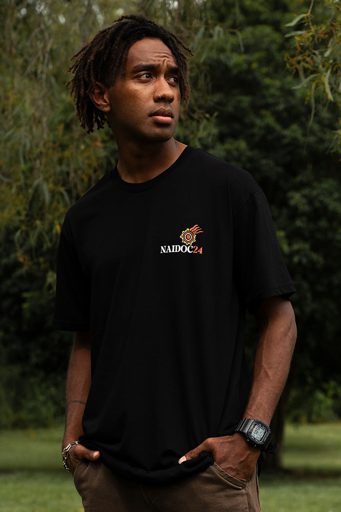 (Bulk Order) NAIDOC 2024 Pocket Print Black Cotton Crew Neck Unisex T-Shirt