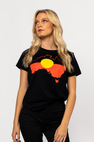 (Bulk Order) "Raise the Flag" Aboriginal Flag (Australia) Black Cotton Crew Neck Womens T-Shirt