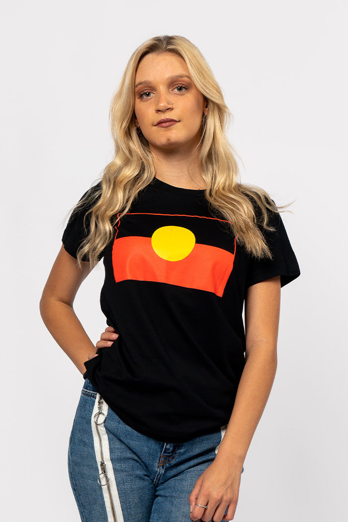 (Bulk Order) "Raise the Flag" Aboriginal Flag (Large) Black Cotton Crew Neck Womens T-Shirt