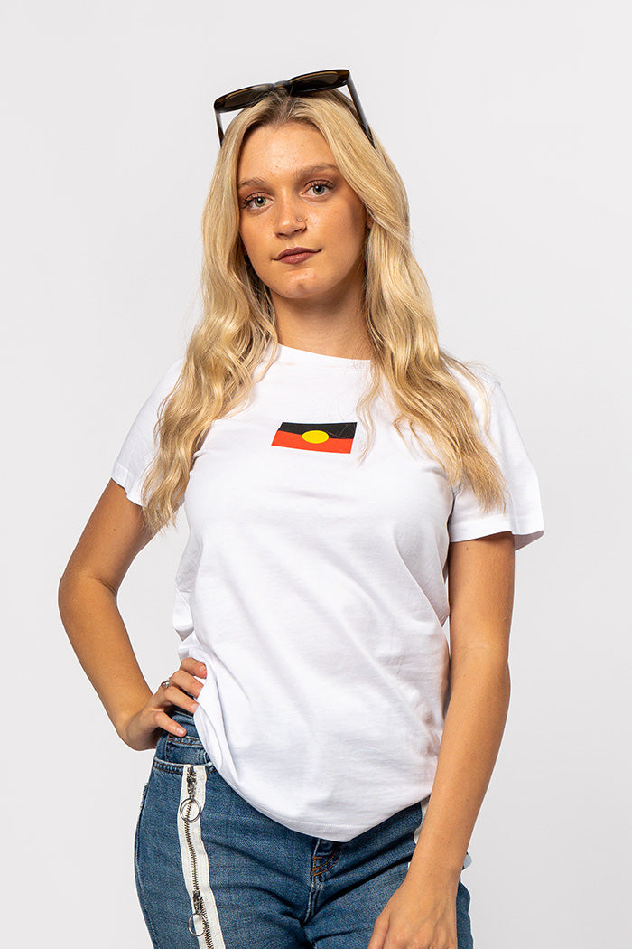 (Bulk Order) "Raise the Flag" Aboriginal Flag (Small) White Cotton Crew Neck Womens T-Shirt