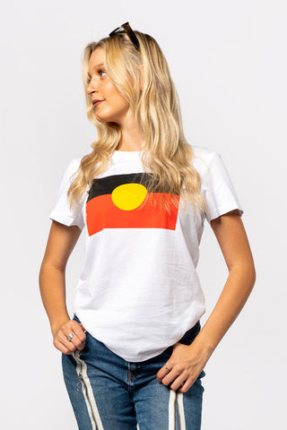 (Bulk Order) "Raise the Flag" Aboriginal Flag (Large) White Cotton Crew Neck Womens T-Shirt