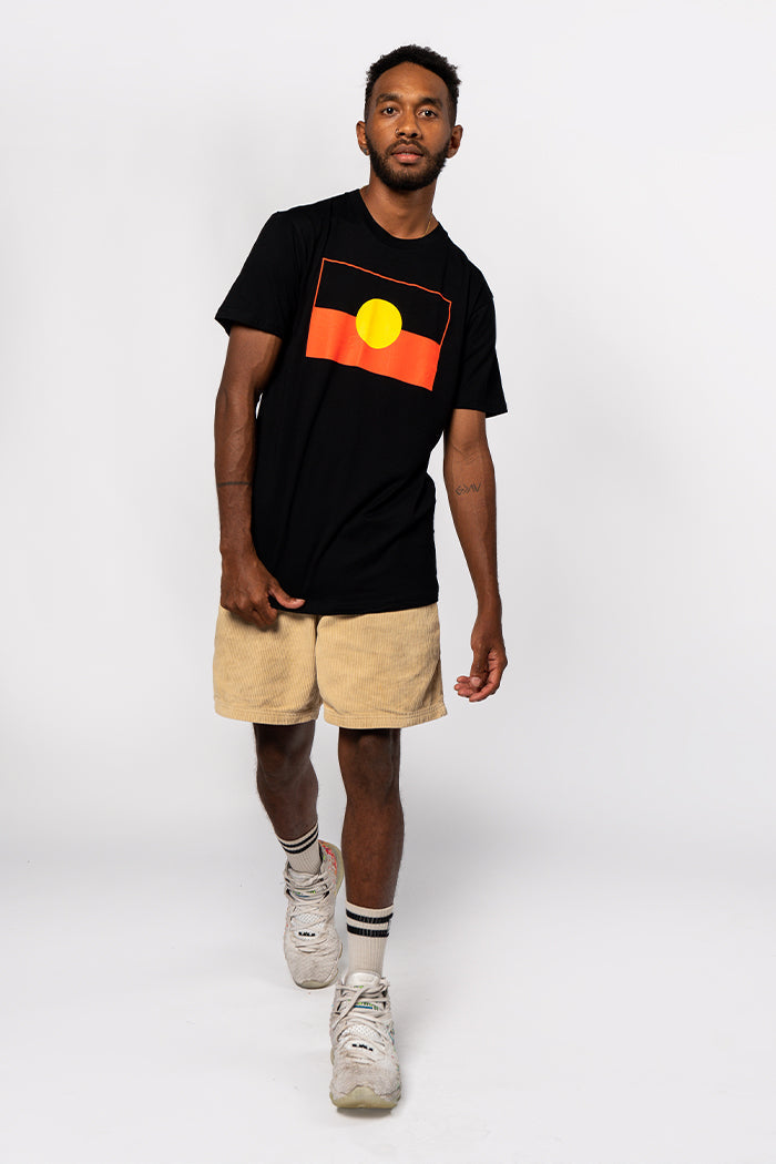 (Bulk Order) "Raise the Flag" Aboriginal Flag (Large) Black Cotton Crew Neck Unisex T-Shirt