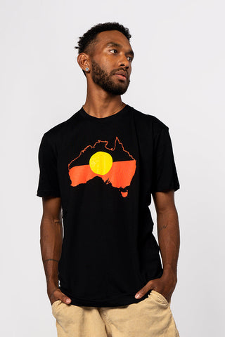 (Bulk Order) "Raise the Flag" Aboriginal Flag (Australia) Black Cotton Crew Neck Unisex T-Shirt