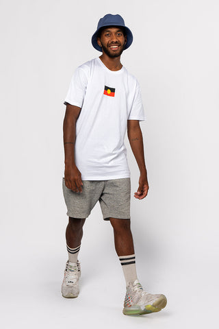 (Bulk Order) "Raise the Flag" Aboriginal Flag (Small) White Cotton Crew Neck Unisex T-Shirt