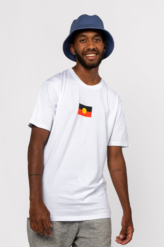 (Bulk Order) "Raise the Flag" Aboriginal Flag (Small) White Cotton Crew Neck Unisex T-Shirt
