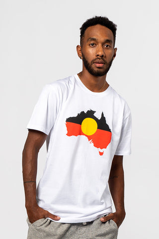 (Bulk Order) "Raise the Flag" Aboriginal Flag (Australia) White Cotton Crew Neck Unisex T-Shirt