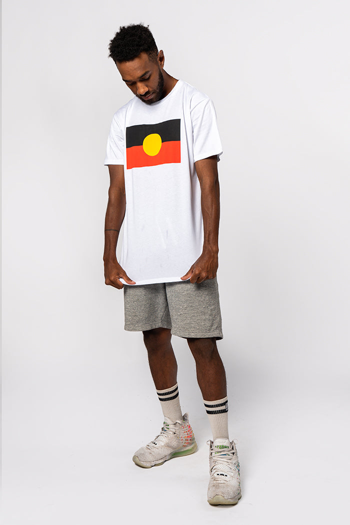 (Bulk Order) "Raise the Flag" Aboriginal Flag (Large) White Cotton Crew Neck Unisex T-Shirt