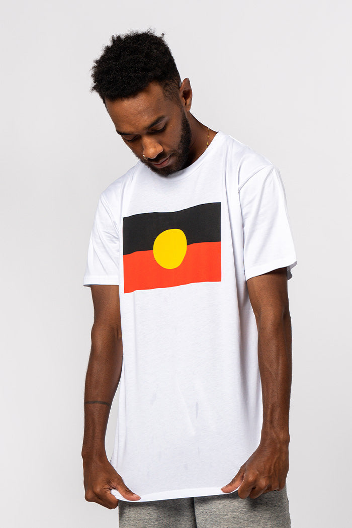 (Bulk Order) "Raise the Flag" Aboriginal Flag (Large) White Cotton Crew Neck Unisex T-Shirt