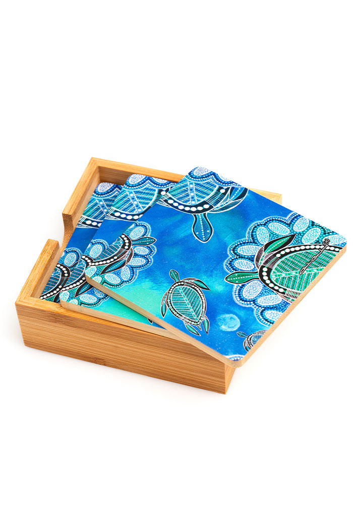 Ocean Turtles Bamboo Coaster Set (4 Pack)