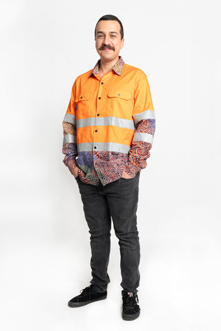 Our Many Tribes High Vis Orange 100% Cotton Drill Unisex Long Sleeve Work Shirt