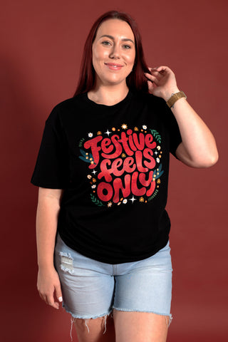 Festive Feels Only Black Cotton Crew Neck T-Shirt