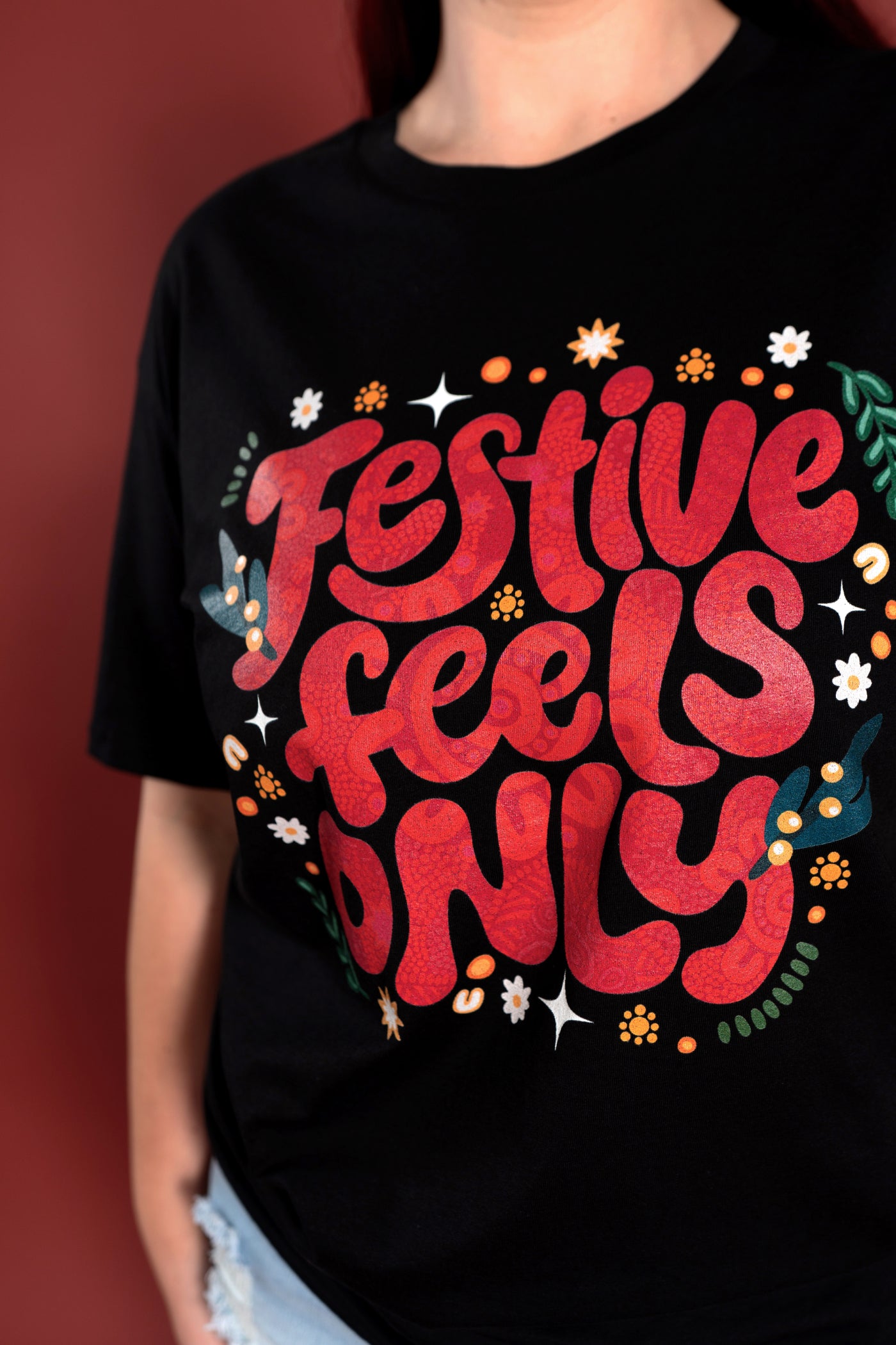 Festive Feels Only Black Cotton Crew Neck T-Shirt