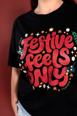 Festive Feels Only Black Cotton Crew Neck T-Shirt