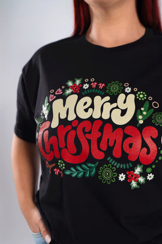 Merry Christmas Black Cotton Crew Neck T-Shirt
